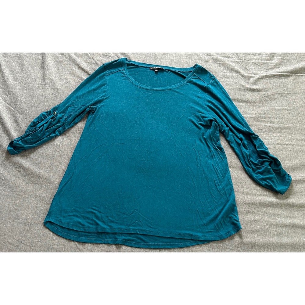 Cable & Gauge Teal Blue Ruched Button Tab Sleeve Scoop Neck Top Large
